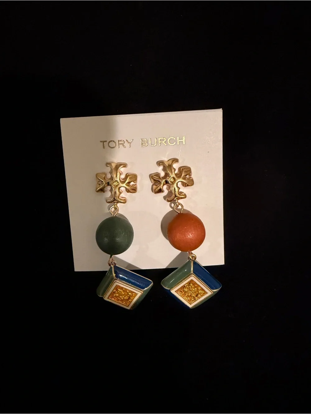 Tory Burch Gold Drop Earrings with Green and Orange Beads
